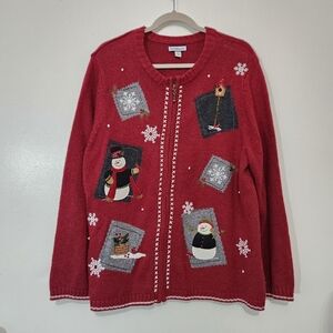 Croft & Barrow 1X Plus Size Holiday Sweater Cardigan Silk Blend Zip Snowman